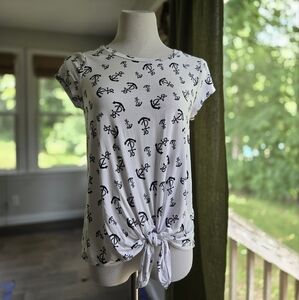 Cupio Nautical Anchor Print Tie-Front Tee | Size Small